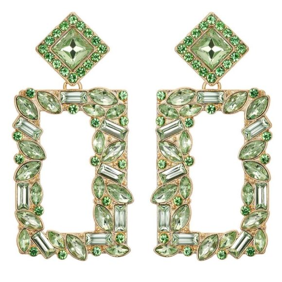 Yellow Gold with Peridot Green Crystal Geometric Open Rectangle Post Earrings - Picture 1 of 5
